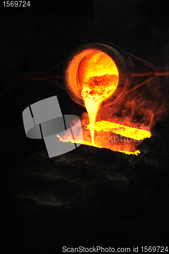 Image of Foundry - molten metal poured from ladle into mould - emptying leftover