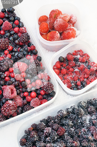 Image of Plastic containers of frozen mixed berries in snow 