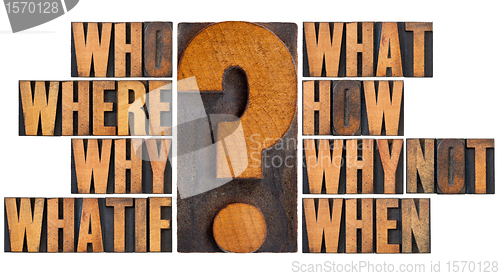 Image of questions in letterpress wood type