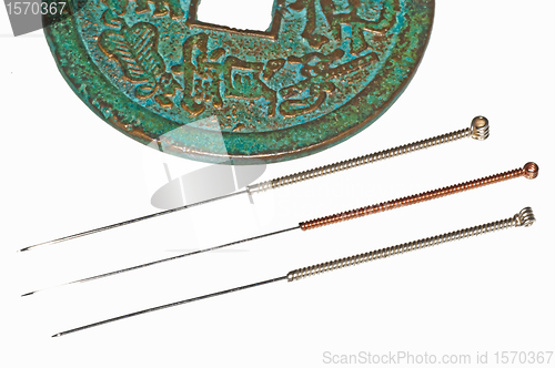 Image of acupuncture needles on chinese coin