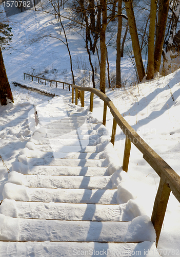 Image of stairs handrail steep mountain covered snow winter 