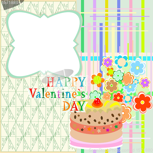 Image of saint valentine`s cake and flowers. party or valentines occasion