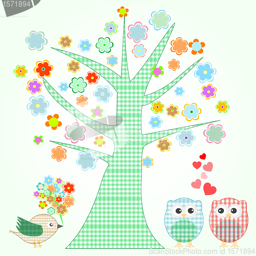 Image of owl in love and bird with flowers textile stickers