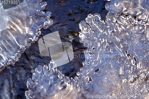 Image of Forest stream frozen with ice closeup background 