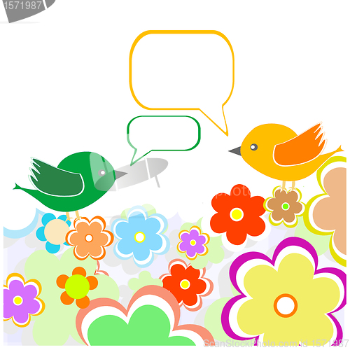 Image of Greeting card with two birds under flowers. vector