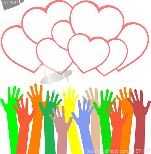 Image of multicolored hands holding the heart. greetings card