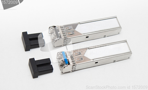 Image of Optical gigabit sfp modules for network switch on the white background 