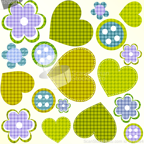 Image of scrapbook design elements set: frames, heart, buttons, flowers