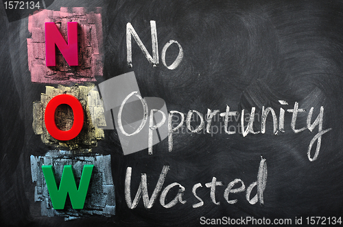 Image of Acronym of NOW for No Opportunity Wasted