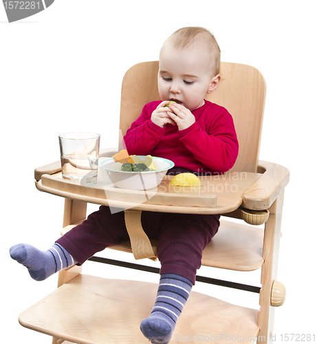 Image of young child eating in high chair