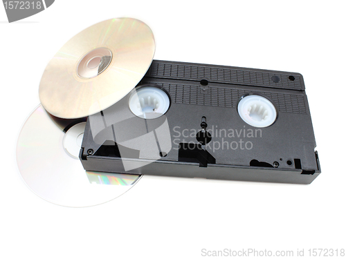 Image of DVD disks and VHS video the cartridge