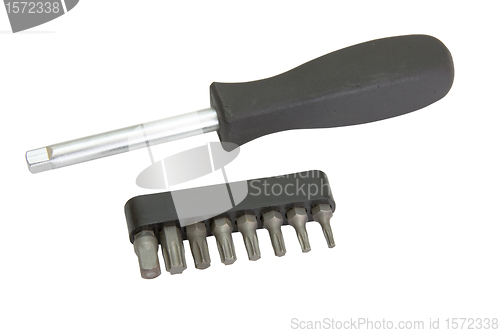 Image of a set of tools and a screwdriver, isolated on white background.