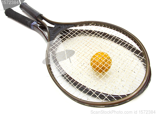 Image of A tennis ball and racket on a white background