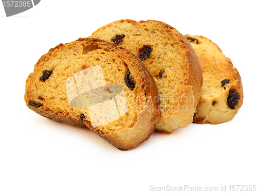 Image of A tasty biscuit with raisins on a white background.