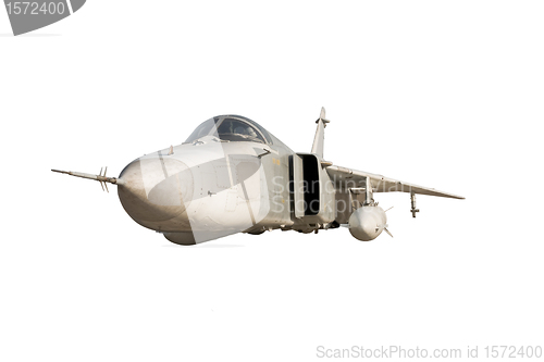 Image of Military jet bomber Su-24 Fencer flying a white background.