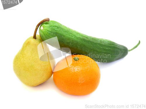 Image of cucumber with a tangerine and a pear 