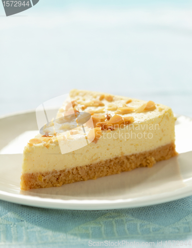 Image of cheesecake slice on white plate