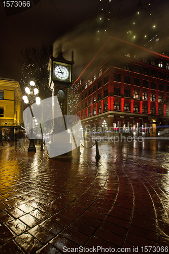 Image of Gastown Steam Clock on a Rainy Night Vertical