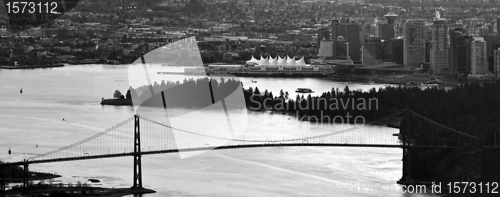 Image of Vancouver BC City Skyline and Lions Gate Bridge