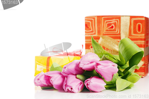 Image of Pink tulips and gift box, it is isolated on white