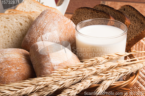 Image of   Bread, rolls and a glass of milk