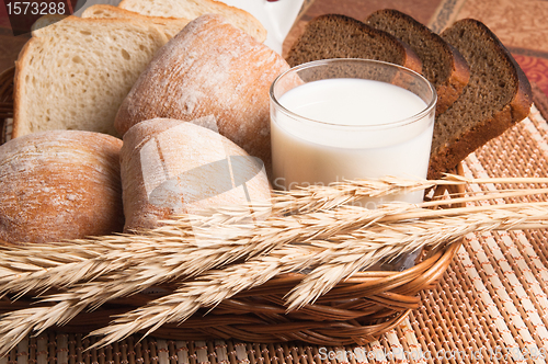 Image of   Bread, rolls and a glass of milk