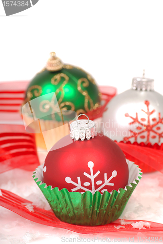 Image of Christmas ornaments in cupcake liners