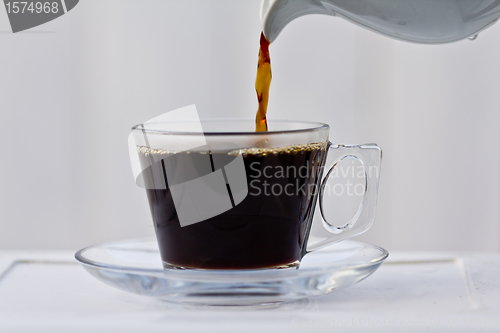 Image of Pouring coffee into an almost full cup