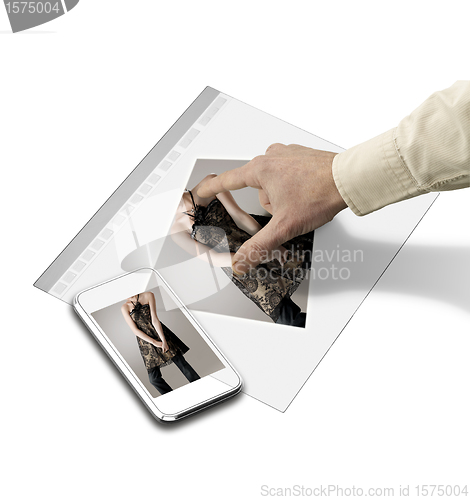 Image of closeup of hand touching screen on futuristic tablet