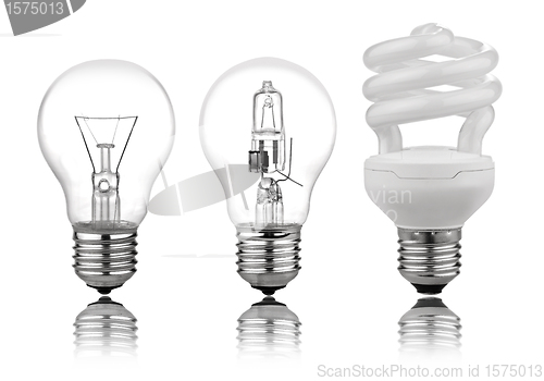 Image of three kinds of light bulbs with Reflection Isolated on White Bac