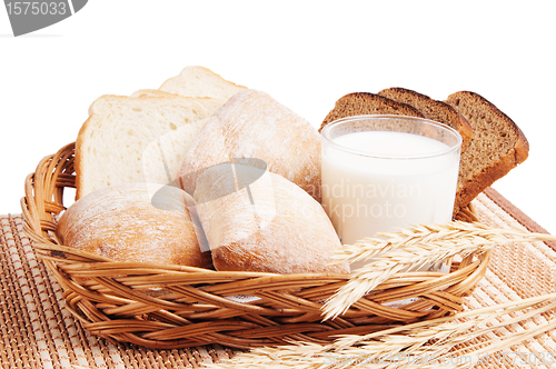 Image of   Bread, rolls and a glass of milk
