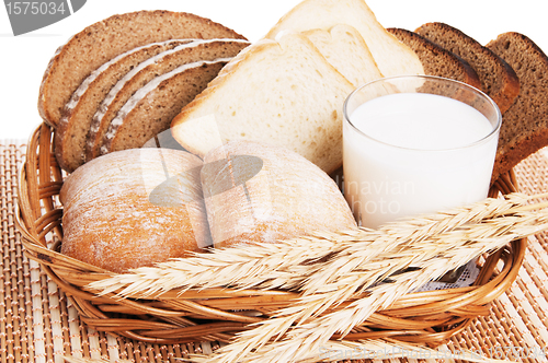 Image of   Bread, rolls and a glass of milk