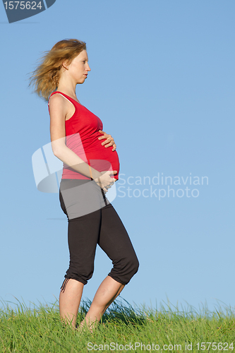 Image of pregnant woman on meadow