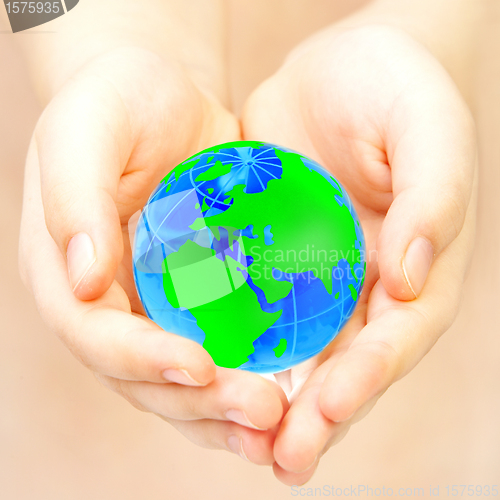 Image of hand of the person holds globe