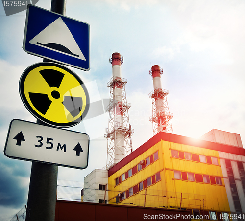 Image of Nuclear Power Plant with Radioactivity Sign