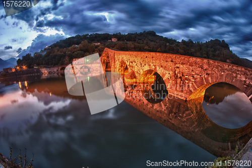 Image of Devils Bridge at Night in Lucca, Italy