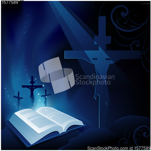 Image of Holy bible and jesus on the cross background