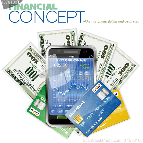 Image of Financial Concept with Touchphone, Dollar Bills and Credit Cards