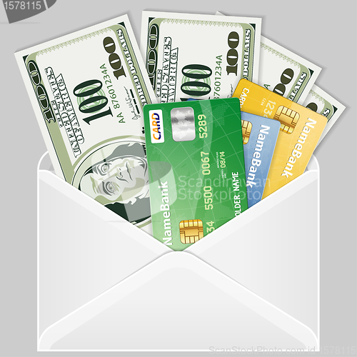 Image of Open the Envelope with Dollar Bills and Credit Cards