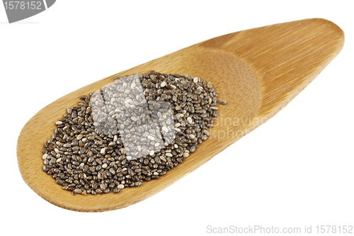 Image of chia seeds on a bamboo scoop