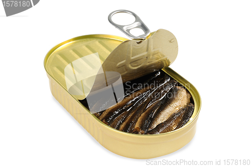 Image of Opened metal can  with  fish