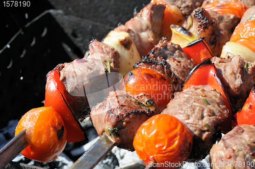 Image of Kebabs, threaded on a skewer and grill