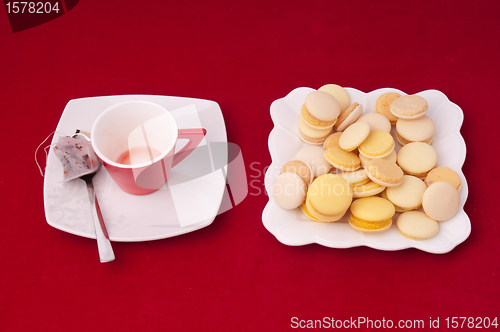 Image of Empty Cup of tea and plate of mixed macaroons on a velvet tablec