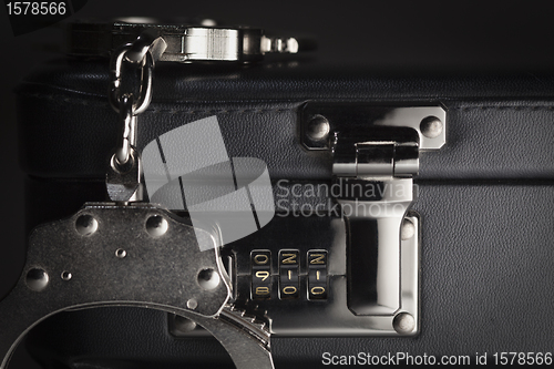 Image of Pair of Handcuffs on Briefcase with 911 on Lock