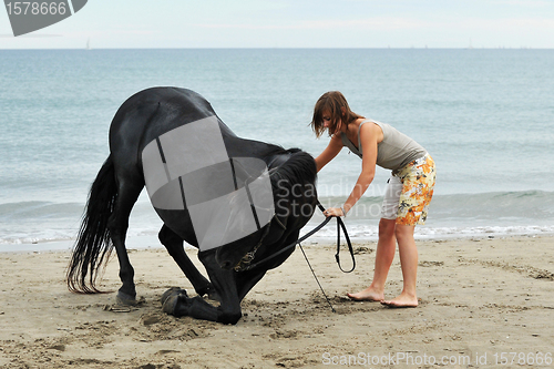 Image of girl and  horse on the beach