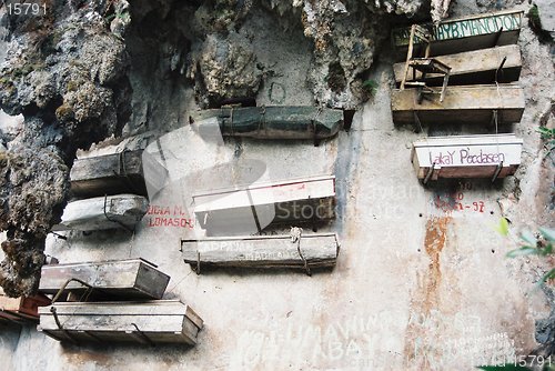 Image of hanging coffins on cliff