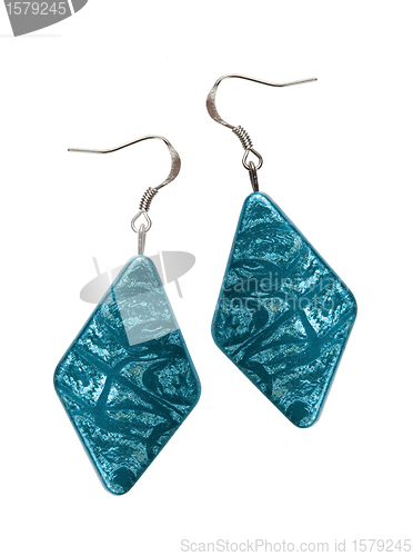 Image of Earrings in silver diamond-shaped blue on a white background