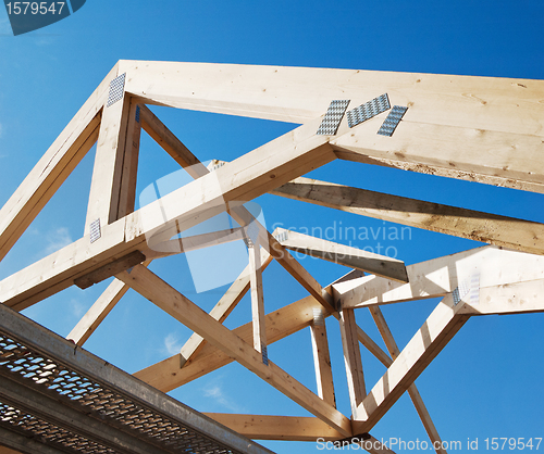 Image of Wooden rafters against the blue sky