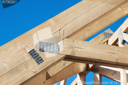 Image of Wooden rafters against the blue sky