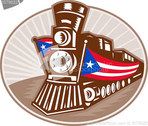 Image of Steam Train Locomotive With American Flag